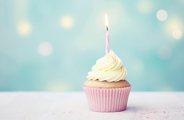 Um cupcake de aniversário generativo com fundo pastel de luz de vela