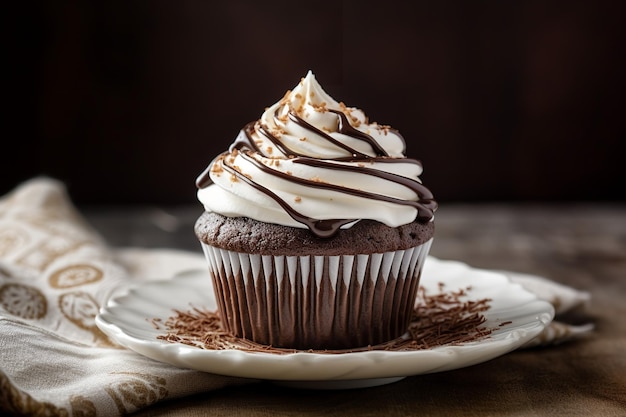 Um cupcake de chocolate com chantilly e raspas de chocolate em um prato.