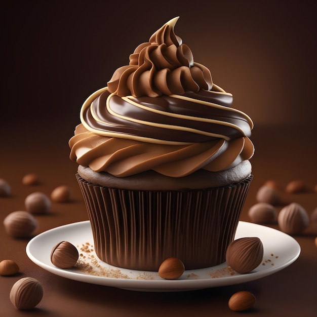 um cupcake de chocolate com creme de chocolate e nozes em um fundo marrom