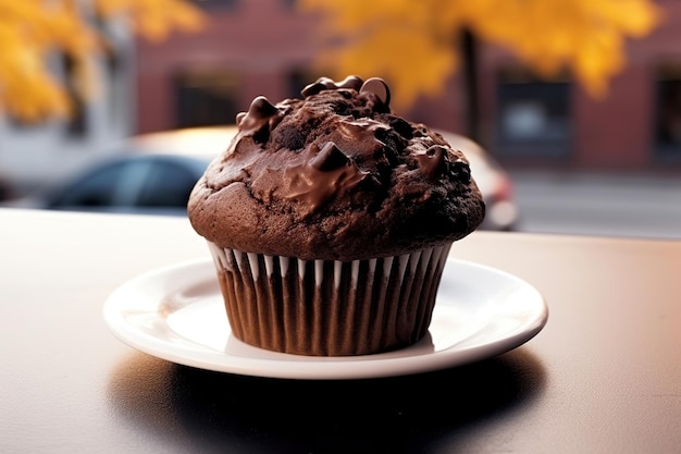 Um cupcake de chocolate em meio a um cenário de outono