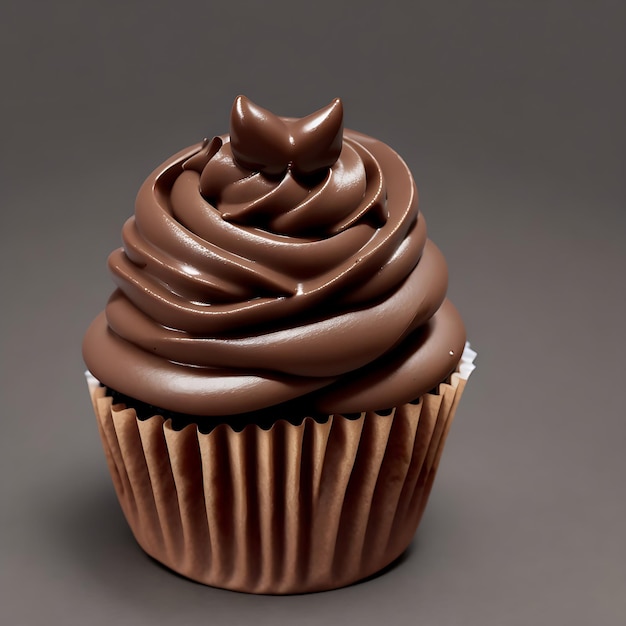 Um cupcake de chocolate sob as luzes em um fundo cinza gerado por IA