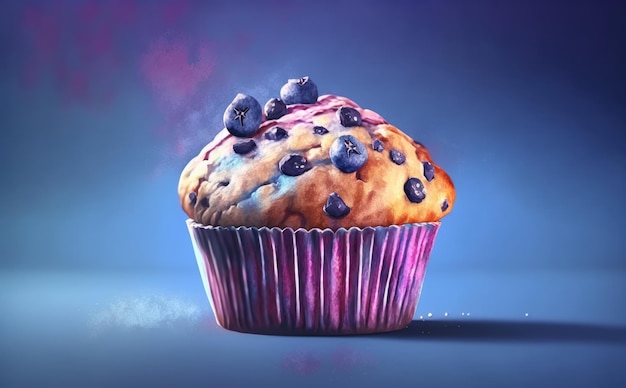 Um cupcake de muffin de mirtilo desenhado em ilustrações de pastelaria aquarela de fundo azul geradas por ai