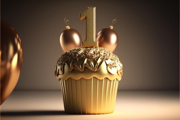 Foto um cupcake dourado com o número 1 nele