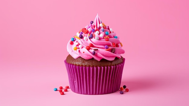 Um cupcake rosa com glacê rosa e confeitos