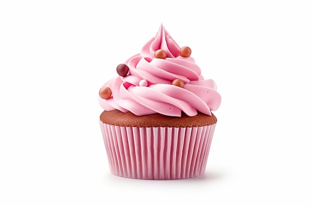 Um cupcake rosa com uma cobertura rosa e uma cobertura rosa por cima.