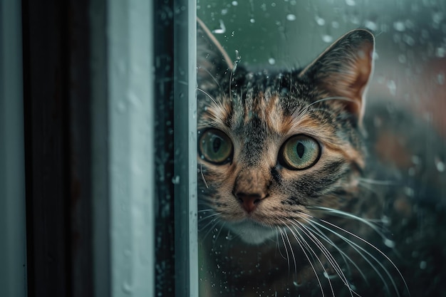 Um curioso gato tabby com olhos verdes está olhando para fora através de uma janela clara Uma tempestade vista através dos olhos de um gato doméstico assustado AI Gerado
