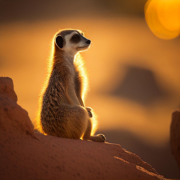 Um curioso suricato empoleirado no topo de uma rocha aquecida pelo sol