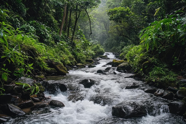 Um curso curvo do rio serpenteia através de uma floresta verde vibrante criando uma cena natural impressionante um rio fluindo livremente através de uma densa floresta tropical AI Gerado