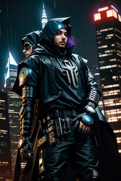 Foto um cyborg árabe do futuro com uma armadilha de hip hop de pé em frente ao horizonte chuvoso da cidade de gotham à noite.