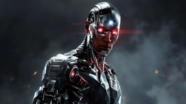 Um cyborg poderoso e intimidante olha para a distância. Seus olhos são vermelhos e seu corpo é feito de um metal elegante.