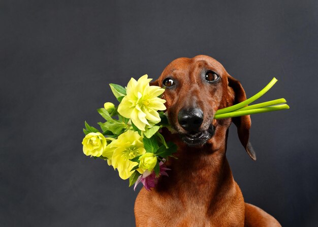 um dachshund cão com um bando de flores em sua boca