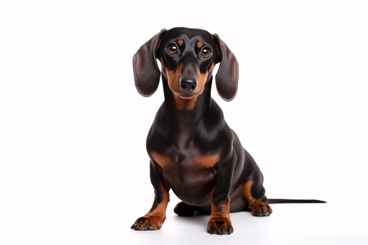 Um Dachshund de cabelo arameado afastado em uma superfície branca