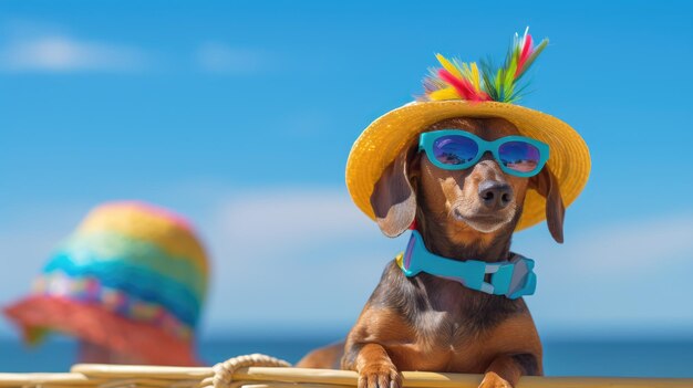 Um dachshund desfrutando de um dia ensolarado em uma calçada costeira