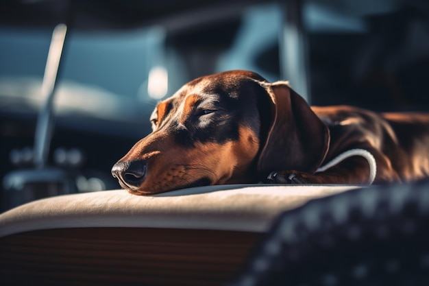 Um dachshund dormindo em uma mesa em uma sala com uma luz brilhando sobre ela.