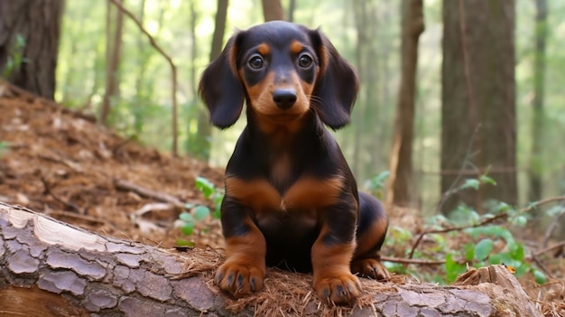 Foto um dachshund senta-se em um tronco na floresta