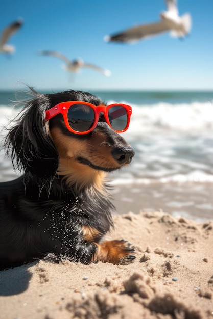 Um dachshund usando óculos de sol está deitado na praia