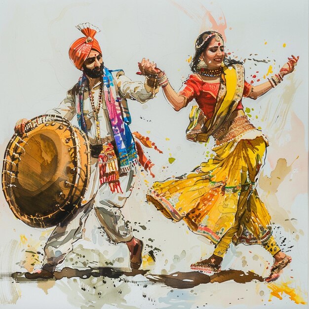 Foto um dançarino giddha com um dhol e um dançarino bhangra com chimta representando a dança folclórica