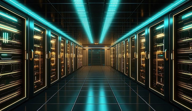 um data center vazio com fileiras de servidores acesos