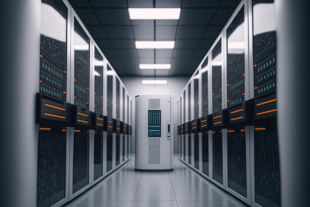 Um datacenter branco e preto e cinza com servidores Generative AI