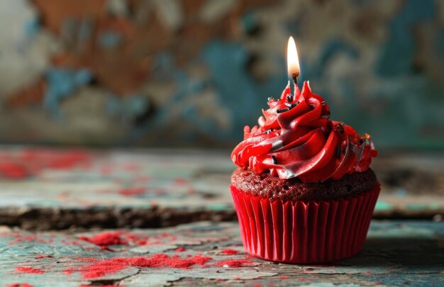 Foto um de uma dúzia de cupcakes vermelhos segurando uma vela