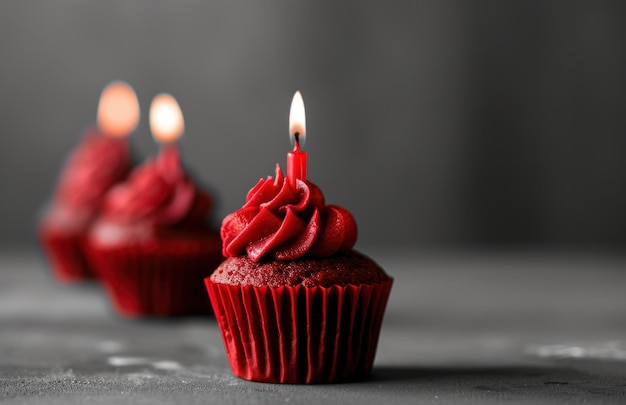 Foto um de uma dúzia de cupcakes vermelhos segurando uma vela