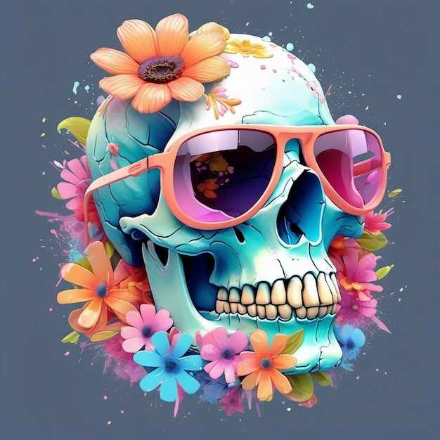 um Dead Skull usando óculos de sol de moda design de camiseta flores splash design de camisa