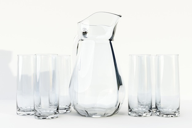 Um decantador e um copo para água com leite ou suco em uma ilustração 3d de fundo branco isolado