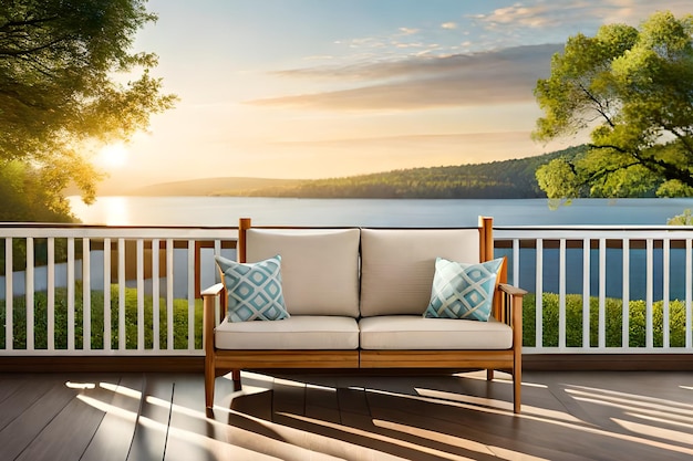 Um deck com vista para um lago e um sofá com o pôr do sol ao fundo