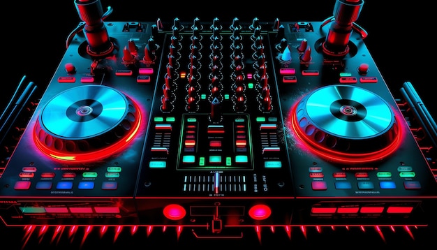 Um deck de DJ com luzes vermelhas e equipamento de DJ