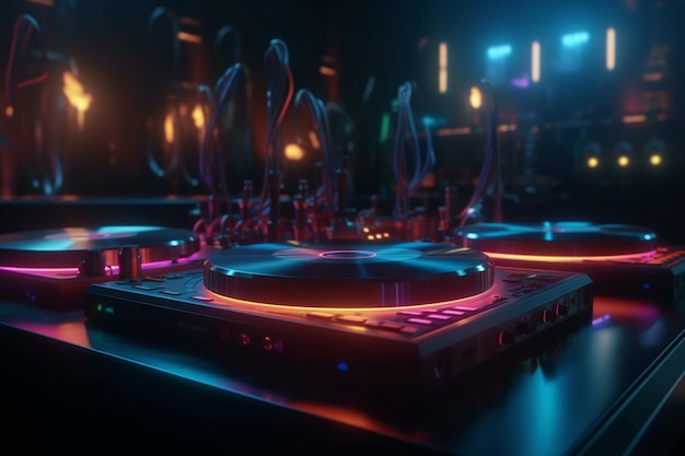 Um deck de DJ com uma luz neon e as palavras DJ na frente.