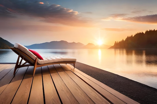 Um deck de madeira com um pôr do sol e uma cadeira nele.