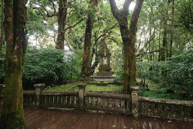 Um deck de madeira com uma estátua de pedra no meio de uma floresta.