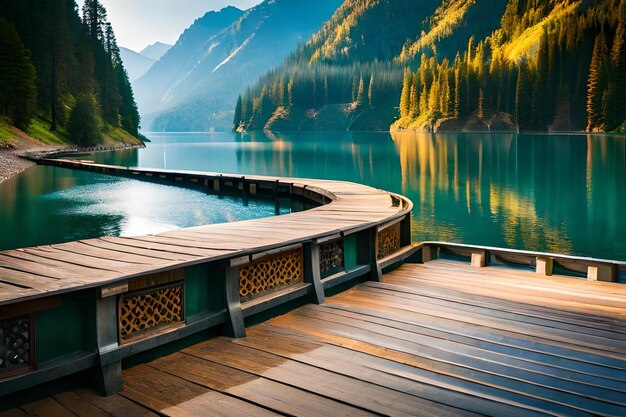 Um deck de madeira com vista para um lago e montanhas ao fundo.