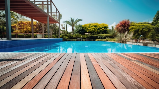 Um deck de madeira em frente a uma casa com árvores ao fundo