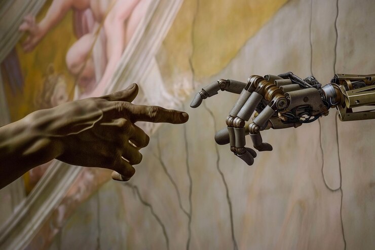 Um dedo cyborg tocando um dedo humano remake moderno de A Criação de Adão Tecnologia encontra a humanidade biologia versus tecnologia Aprendizagem de máquina AI progresso grandes dados interface digital