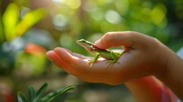 Um delicado lagarto verde descansando em uma mão humana contra um fundo borrado iluminado pelo sol A natureza encontra o toque suave da humanidade A fragilidade da vida capturada A mensagem ecológica da IA