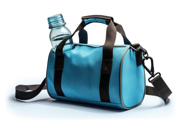 Foto um delicado saco azul de equilíbrio com uma garrafa de água refrescante em um fundo png claro ou branco