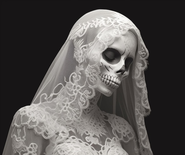 Foto um delicado véu de renda enrolado na cabeça de catrina