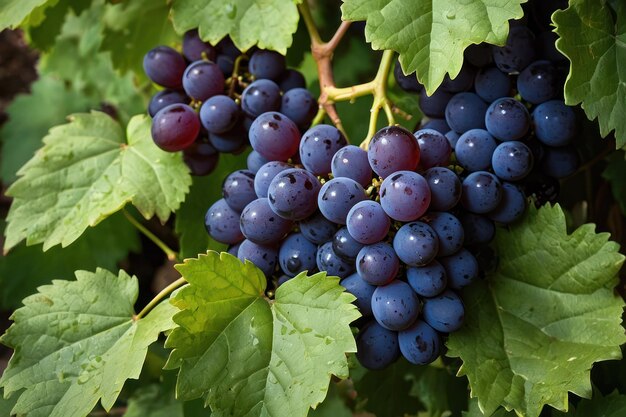 Foto um delicioso aglomerado de uvas azuis escuras na videira