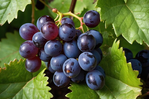 Um delicioso aglomerado de uvas azuis escuras na videira