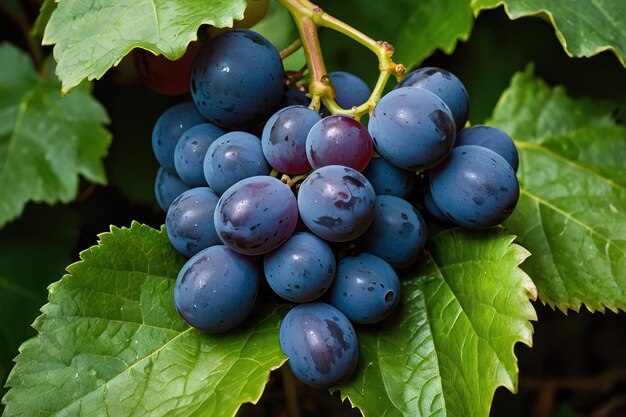 Foto um delicioso aglomerado de uvas azuis escuras na videira