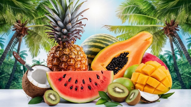 Um delicioso arranjo de frutas tropicais exóticas