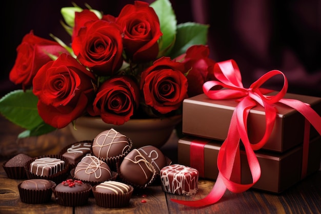 Um delicioso arranjo de rosas e chocolates em uma mesa perfeito para expressar amor e afeto em qualquer ocasião especial.