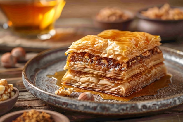 Um delicioso baklava em camadas com nozes e mel numa mesa de madeira rústica