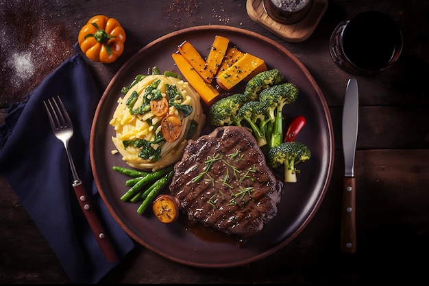 Um delicioso bife com legumes de cima.