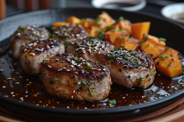 Um delicioso bife de frango adornado com sementes de gergelim e abóbora vibrante.