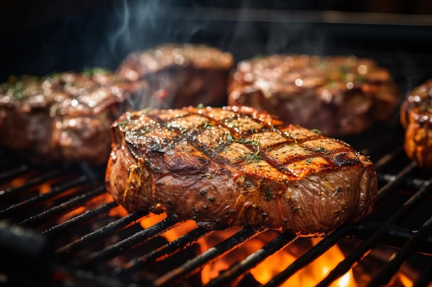 Um delicioso bife grelhado à perfeição numa grelha quente.