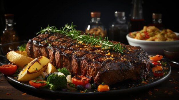 Foto um delicioso bife grelhado com molho de churrasco derretido na mesa.