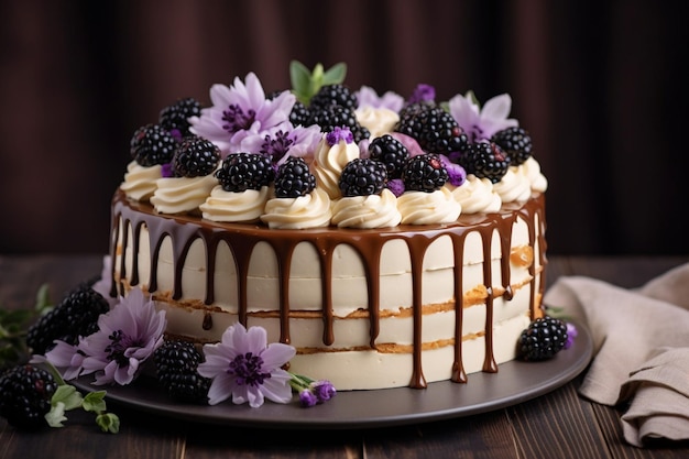 Um delicioso bolo com chocolate branco e castanho, com flores e bagas numa mesa.