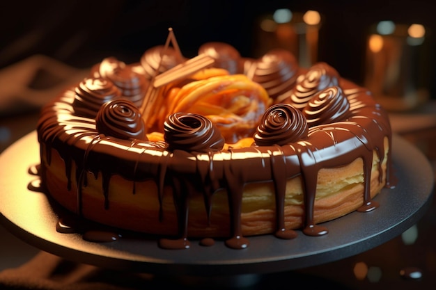 Um delicioso bolo com esmalte de chocolate na mesa do café.